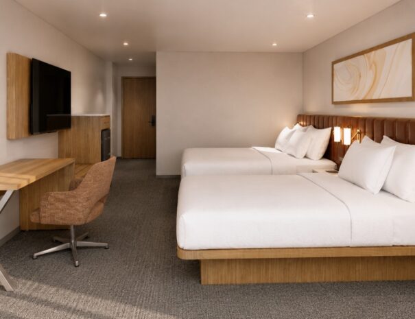 Rendering preview of a renovated double queen guest room at Riverside Hotel, coming 2027
