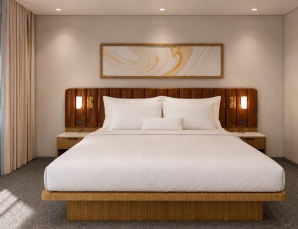 Close-up rendering preview of a renovated king bed and headboard at Riverside Hotel, coming 2027