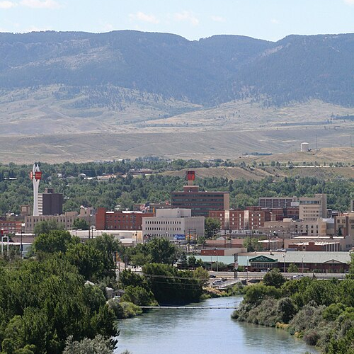 Downtown Casper skyline with Casper Mountain and the North Platte River in the background