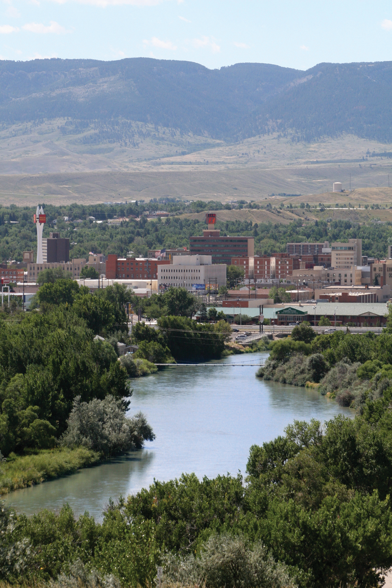 The North Platte River winding through downtown Casper, Wyoming, with the Platte River Trail visible along its banks
