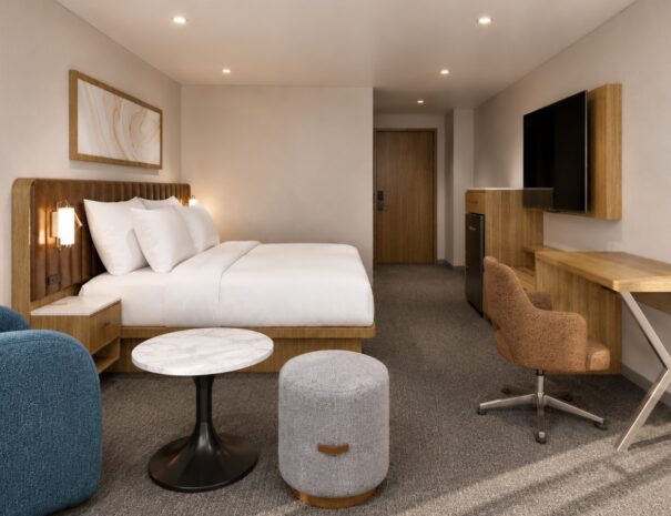 Rendering preview of a renovated king guest room at Riverside Hotel, coming 2027