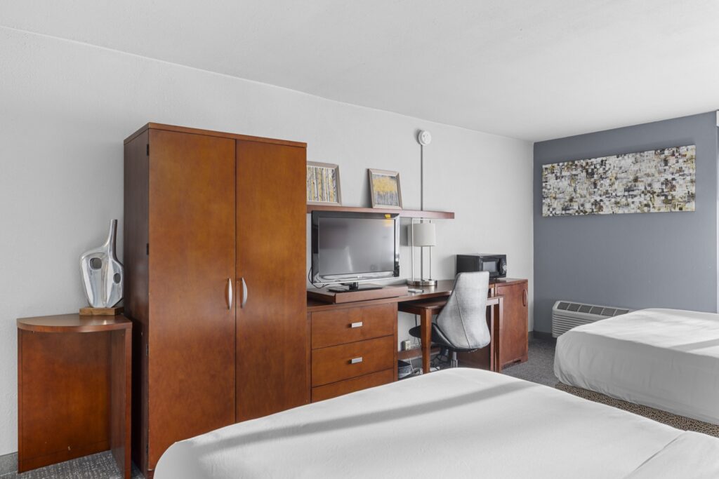 Guest room with desk and workspace at Riverside Hotel, Casper Wyoming